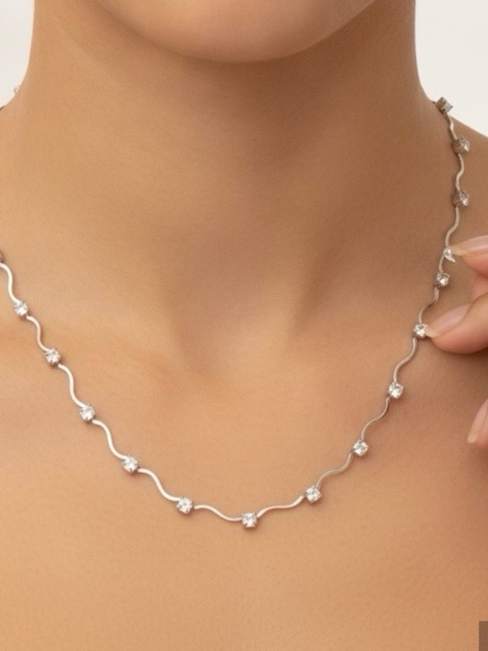 D”ORLAN Silver Wavy Necklace with Crystal Accents - Silver